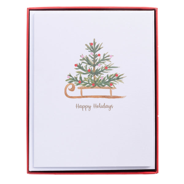 Watercolor Tree and Sleigh Mid-Sized Holiday Boxed Card