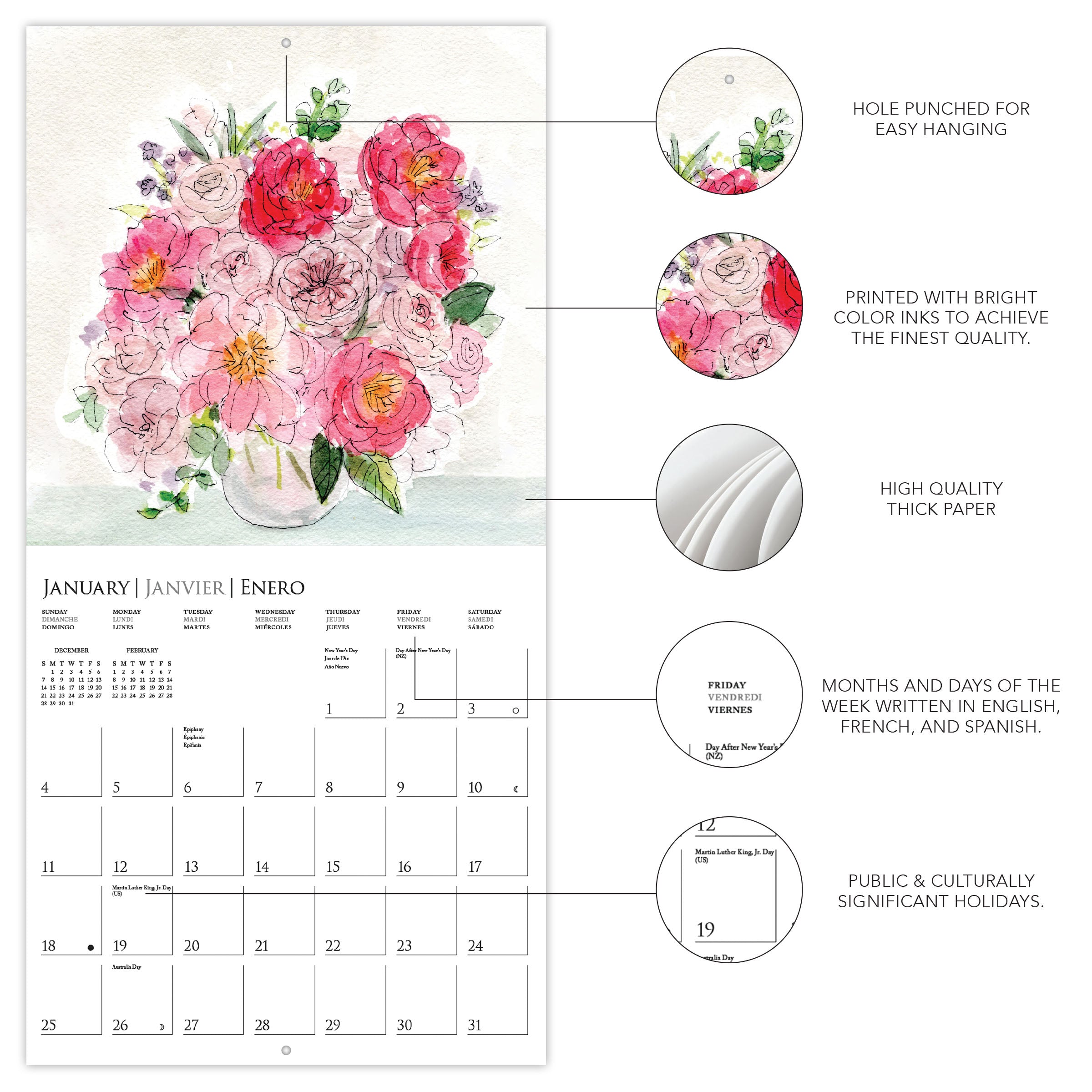 Painted Florals 12 x 12 Wall Calendar – Graphique de France