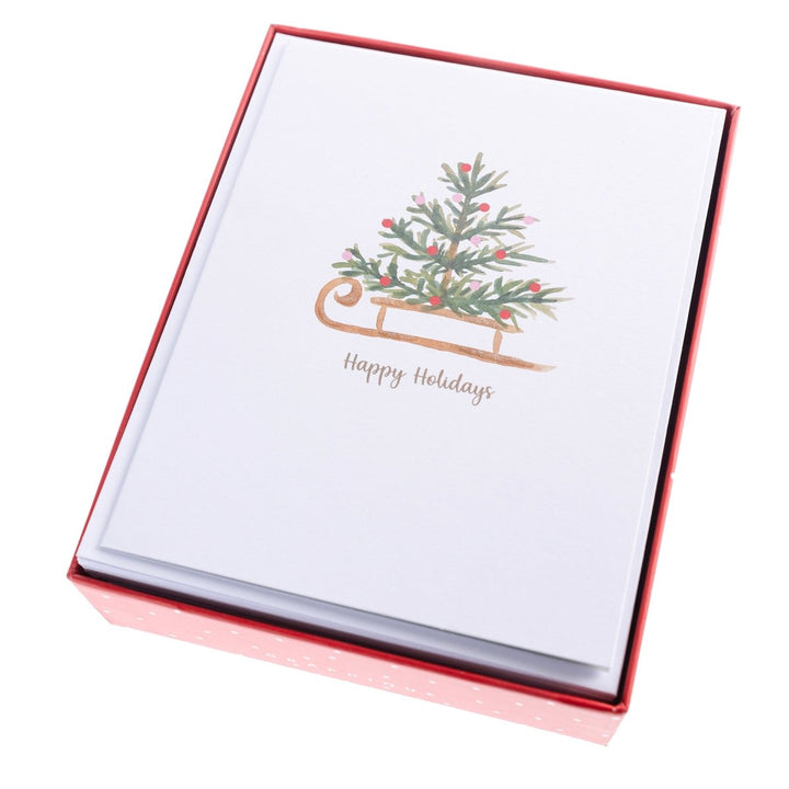 Watercolor Tree and Sleigh Mid - Sized Holiday Boxed Card - Graphique de France