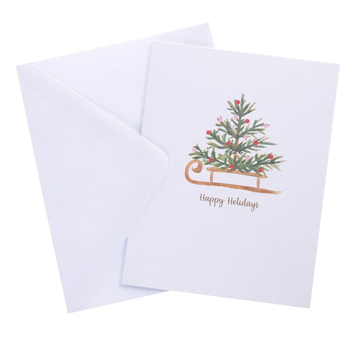 Watercolor Tree and Sleigh Mid - Sized Holiday Boxed Card - Graphique de France