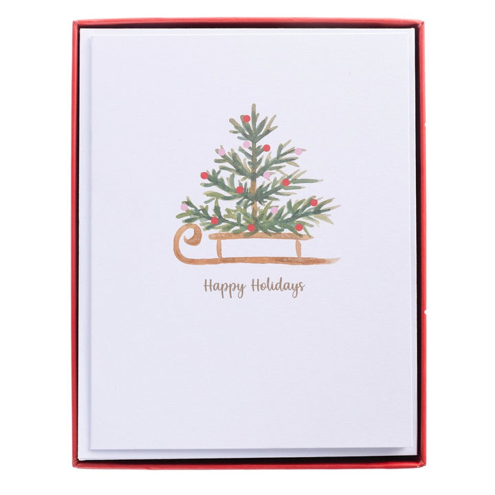 Watercolor Tree and Sleigh Mid - Sized Holiday Boxed Card - Graphique de France