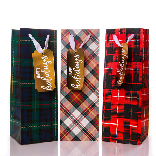Plaid Holiday Wine Gift Bags Set
