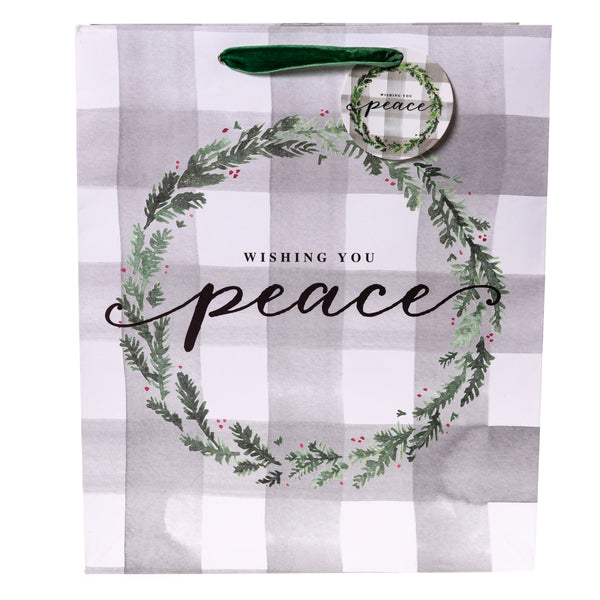 Peace Plaid Wreath Large Holiday Gift Bag