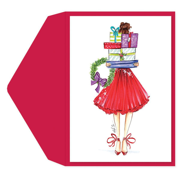 Christmas present girl Mid-Sized Holiday Greeting Card