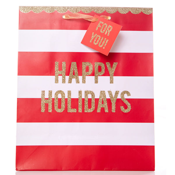 Happy Holidays Stripes Large Holiday Gift Bag